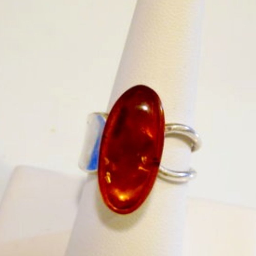 Artisan Crafted Elongated Sterling Silver Amber Ring Size 8